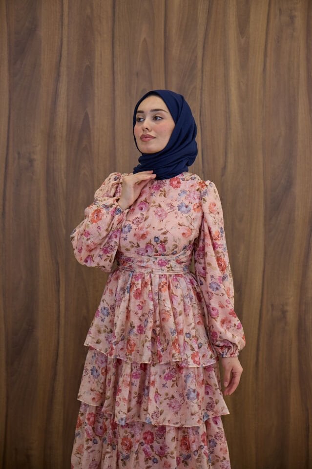 Pembe Bahar Çiçekli Kat Kat Şifon Elbise