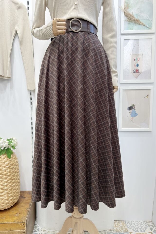 Kahverengi Yuvarlak Tokalı Velata Kadife Etek