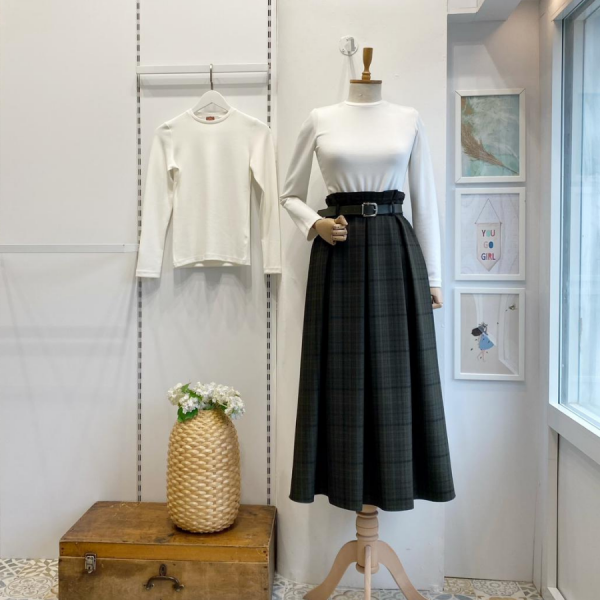 Deri Kemerli Ekoseli Yeşil Etek