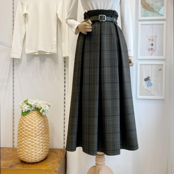 Deri Kemerli Ekoseli Yeşil Etek