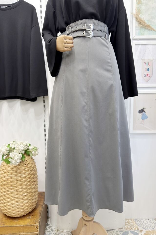 Gri Çift Kemerli Rubel Etek