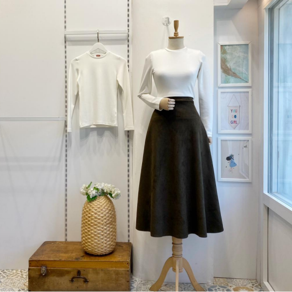 Haki Yeşili Kloş Model Süet Etek