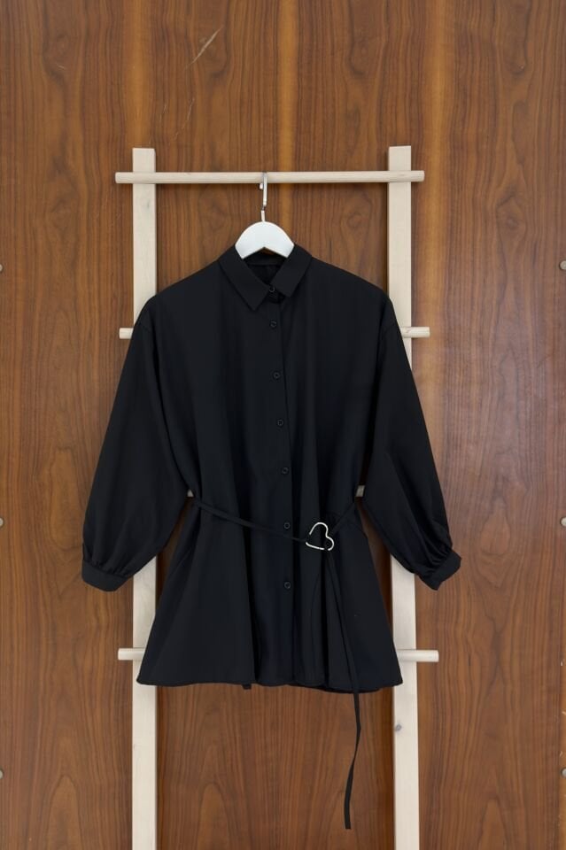 Siyah Kalpli Kuşaklı Poplin Gömlek