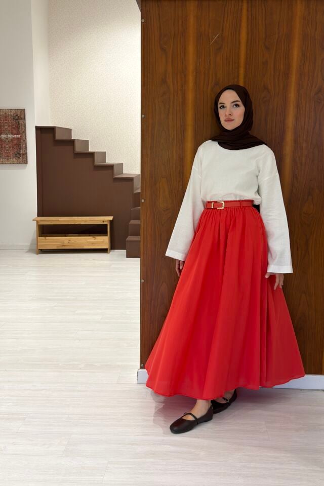 Nar Çiçeği Ceinture Kemerli Keten Etek