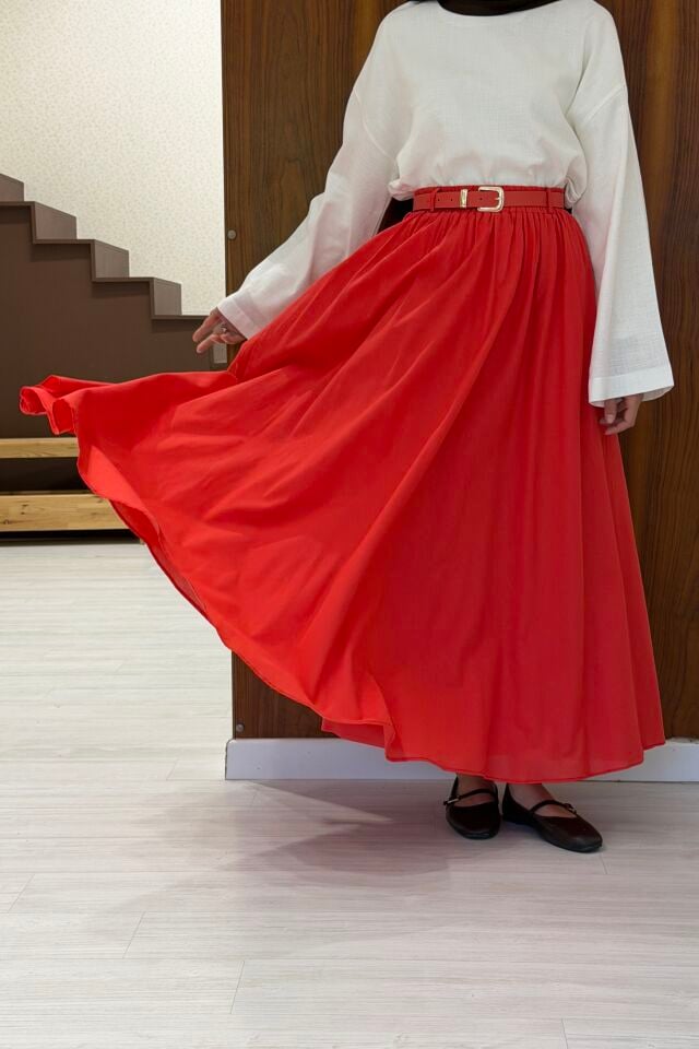 Nar Çiçeği Ceinture Kemerli Keten Etek