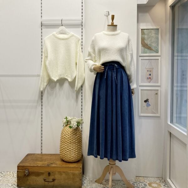 Pile Detaylı Kot Kumaş Etek