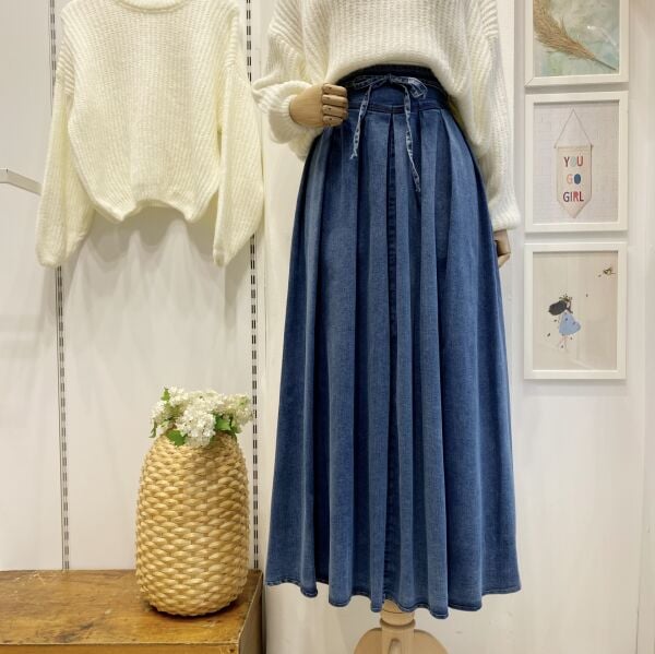 Pile Detaylı Kot Kumaş Etek