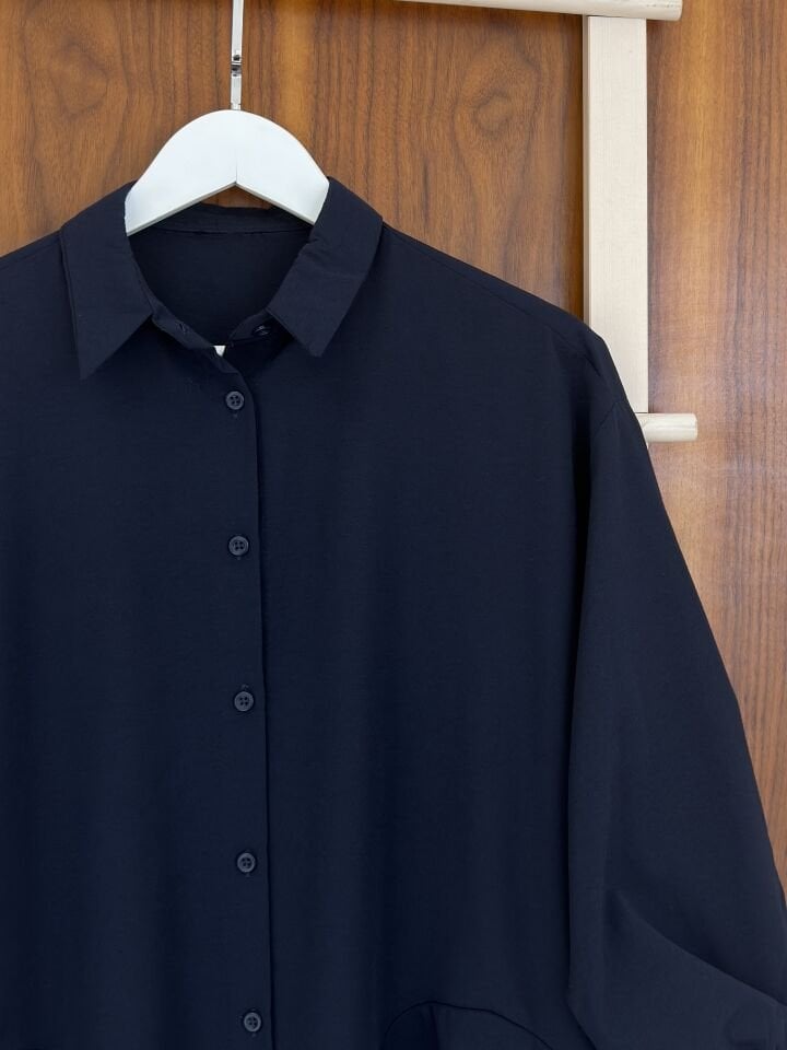 Lacivert Kalpli Kuşaklı Poplin Gömlek