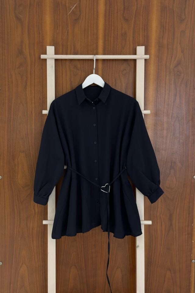 Lacivert Kalpli Kuşaklı Poplin Gömlek