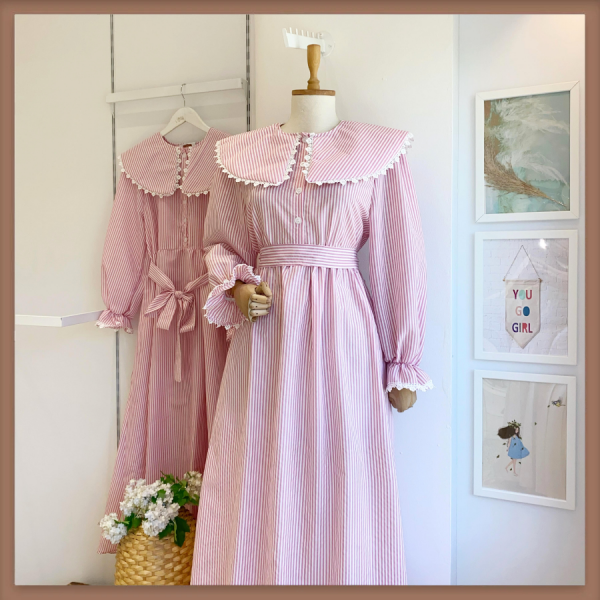Pembe Çizgili Bebe Yaka Poplin Çizgili Elbise