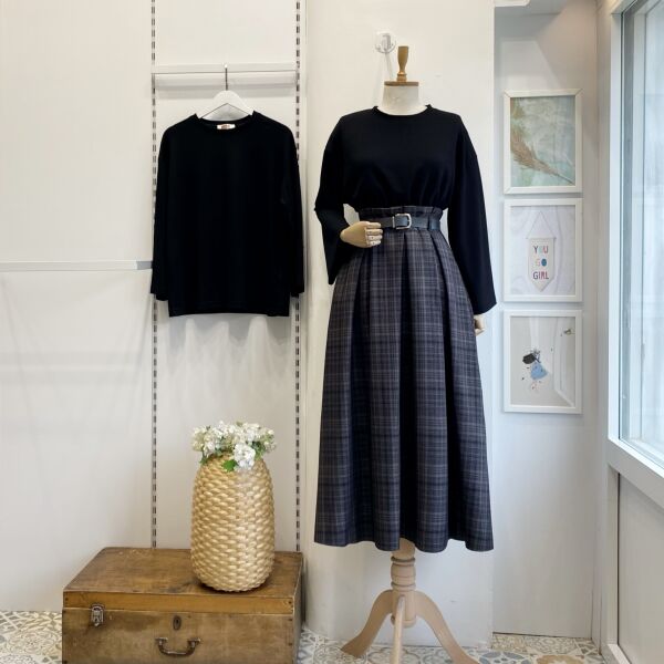 Deri Kemerli Ekoseli Gri Etek