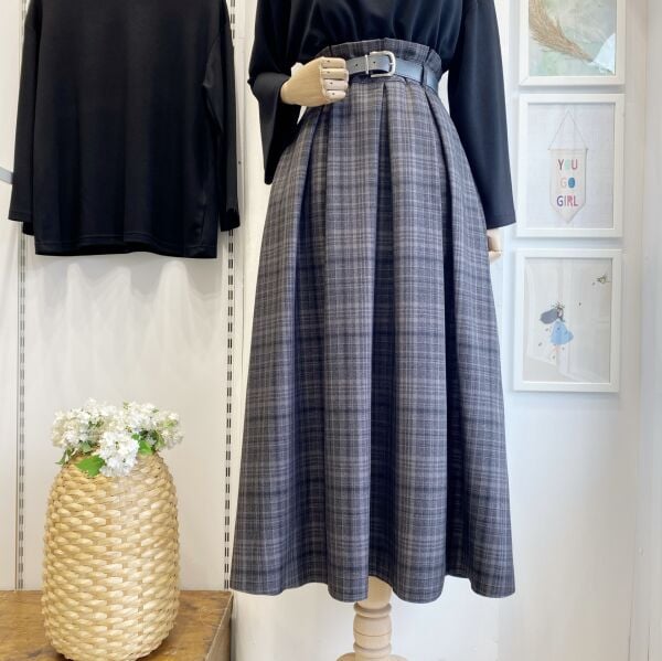 Deri Kemerli Ekoseli Gri Etek