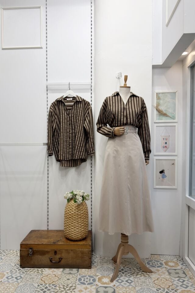 Krem Çift Kemerli Rubel Etek