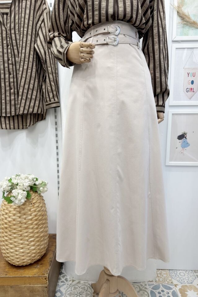 Krem Çift Kemerli Rubel Etek