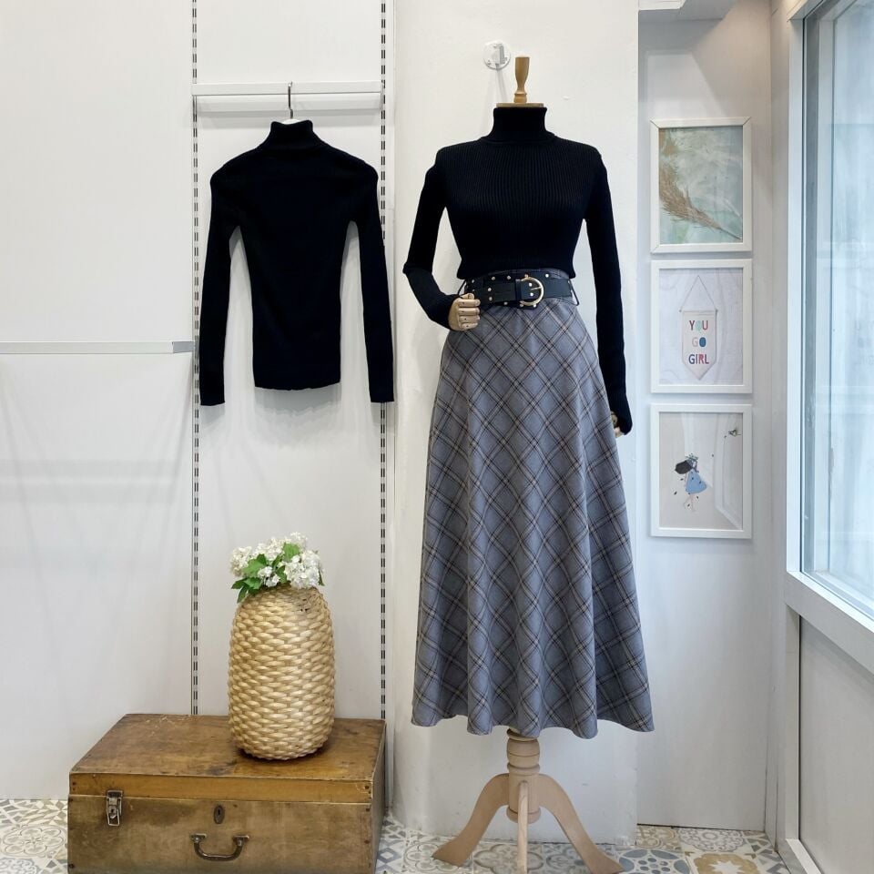 Bohem Kemerli Ekose Desenli Gri Etek