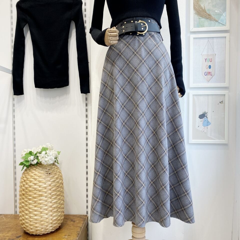 Bohem Kemerli Ekose Desenli Gri Etek