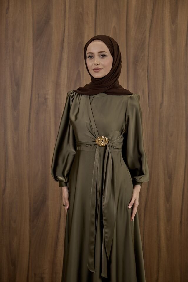 Haki Yeşili Goldine Saten Abiye