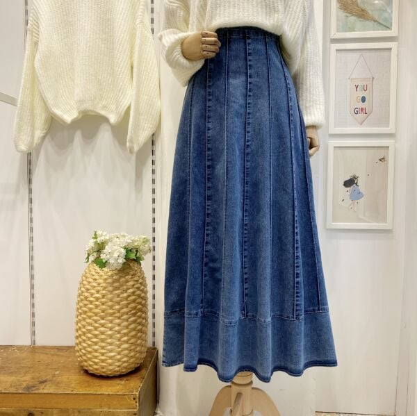 Dikiş Detaylı Kot Kumaş Etek