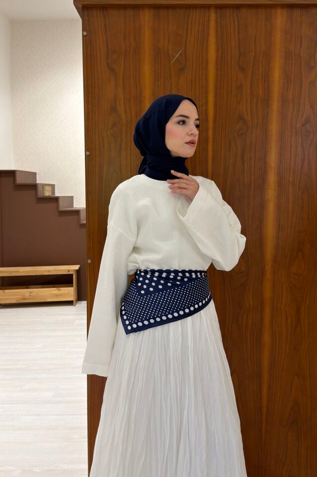Lacivert Puantiye Desenli Roselle Bel Aksesuarı x Omuz Şalı