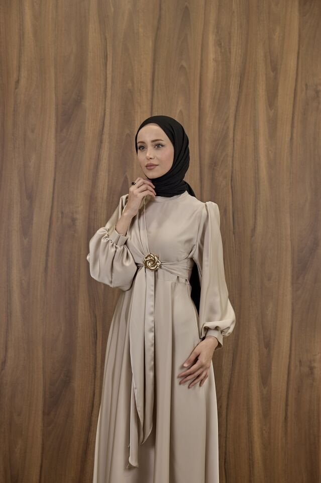 Krem Goldine Saten Abiye