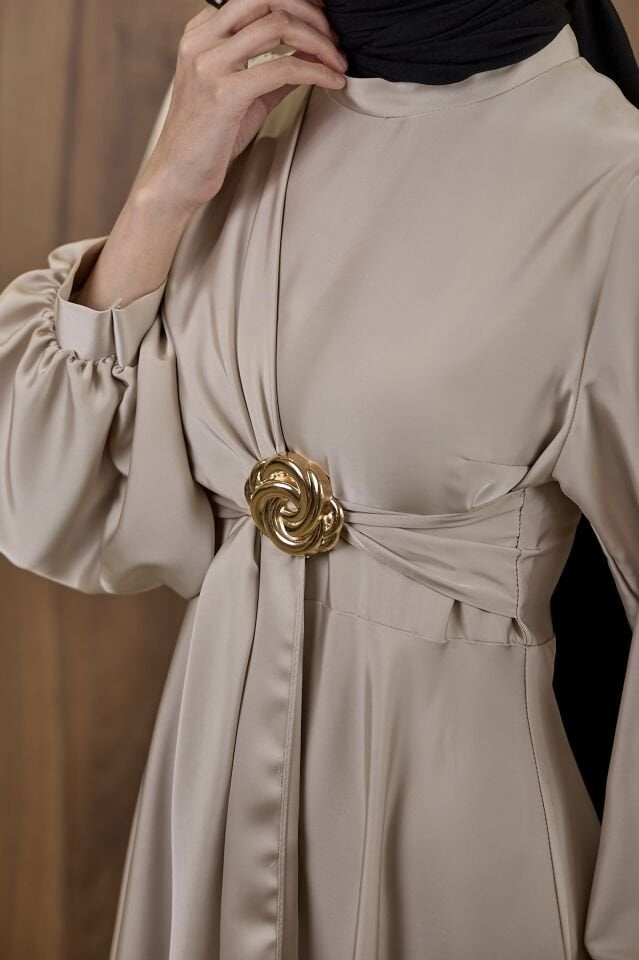 Krem Goldine Saten Abiye