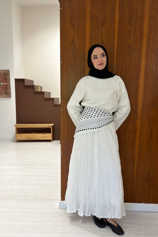 Beyaz Puantiye Desenli Roselle Bel Aksesuarı x Omuz Şalı