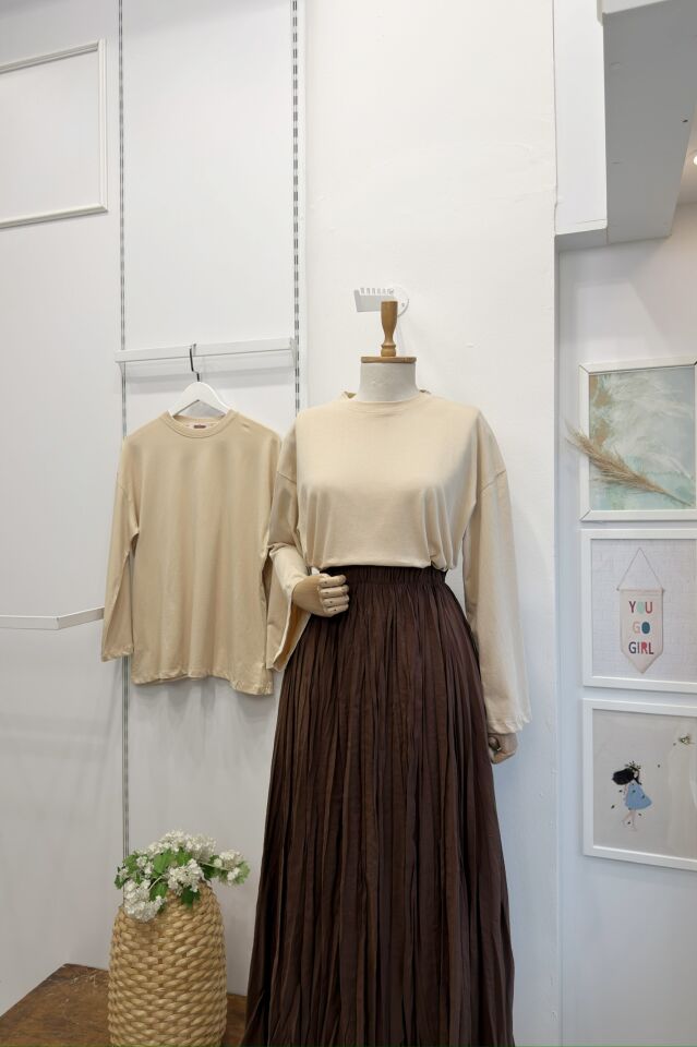 Krem Dökümlü Basic Bluz