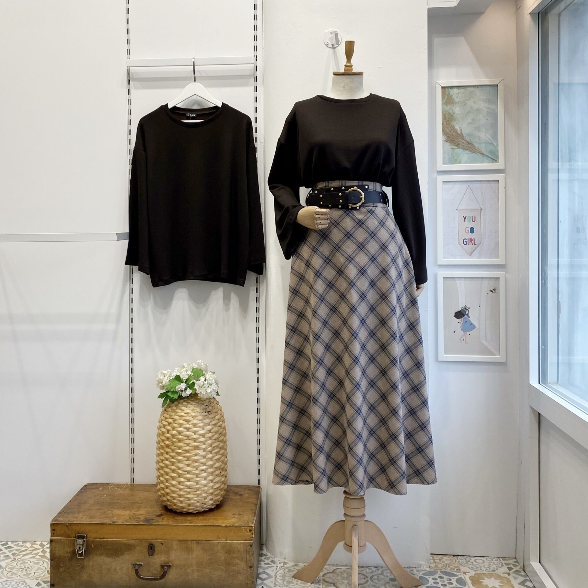 Bohem Kemerli Ekose Desenli Vizon Etek