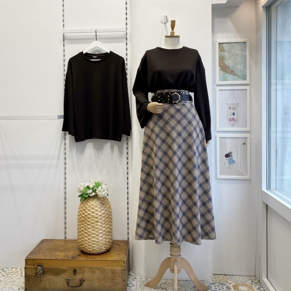 Bohem Kemerli Ekose Desenli Vizon Etek