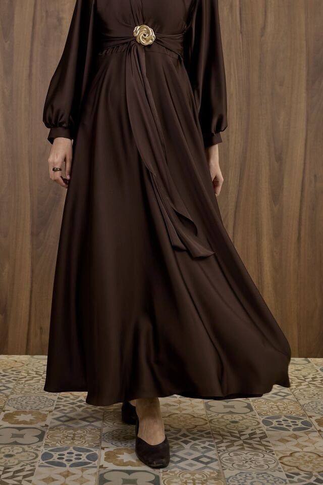 Kahverengi Goldine Saten Abiye