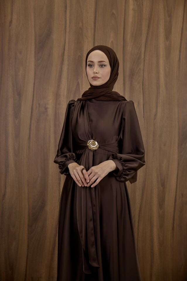 Kahverengi Goldine Saten Abiye