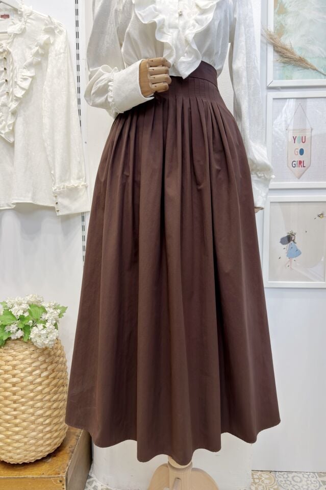 Kahverengi Minik Pileli Poplin Sofia Etek