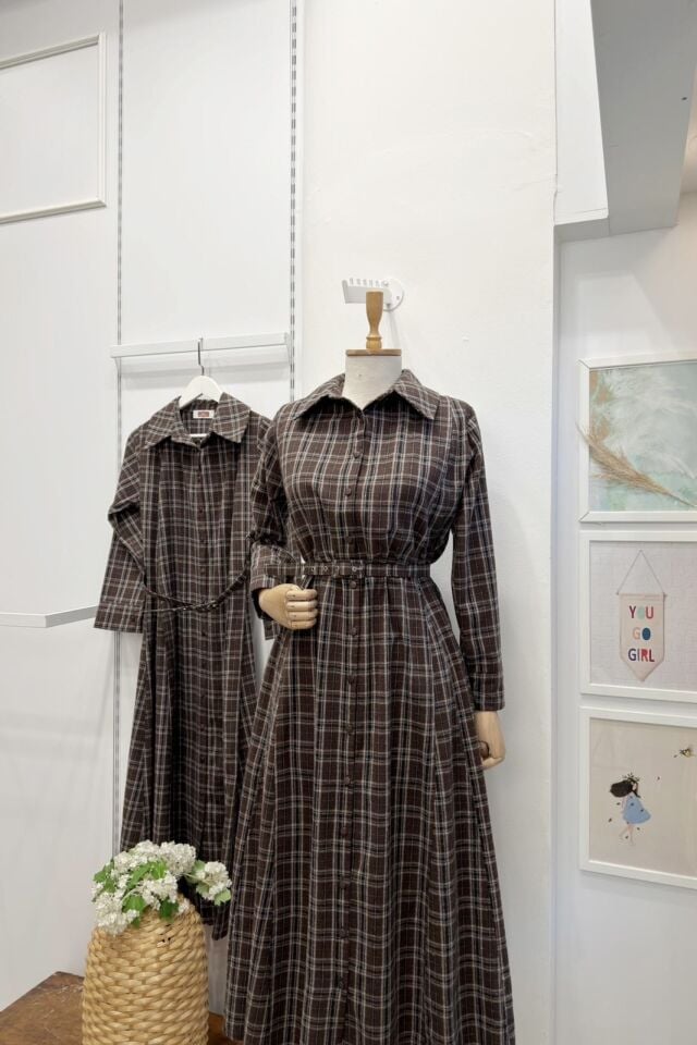 Acı Kahve Kemerli Ekose Desenli Elbise