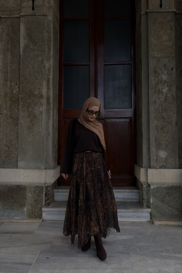 Faya Girls x Kahverengi Alaca Desenli Asimetrik Şifon Etek