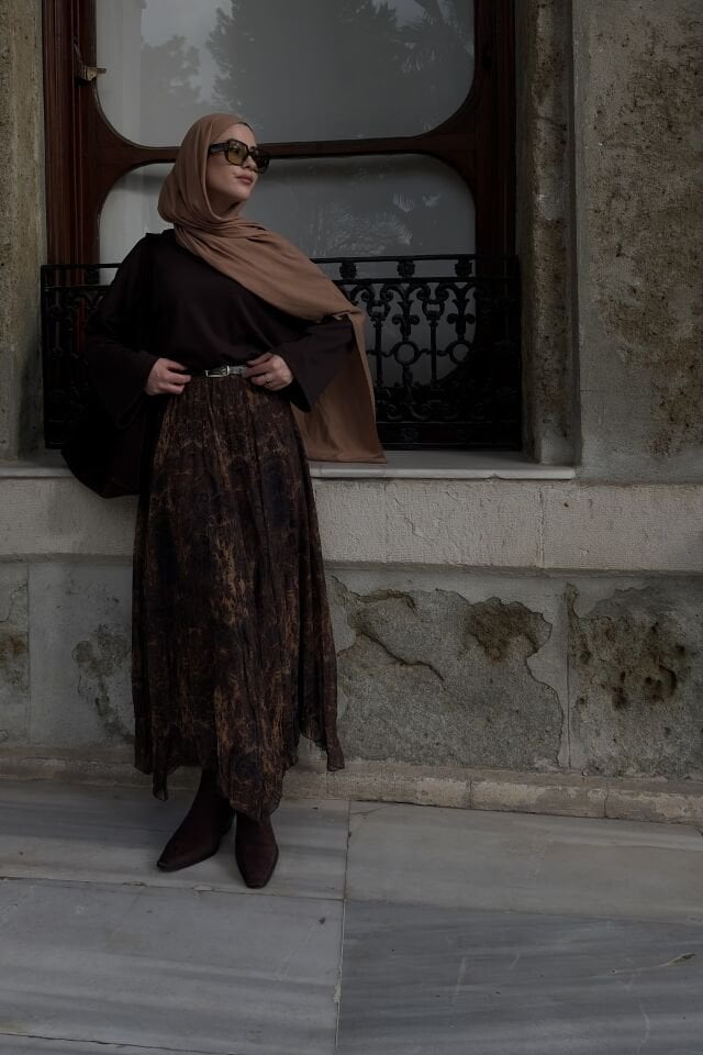 Faya Girls x Kahverengi Alaca Desenli Asimetrik Şifon Etek