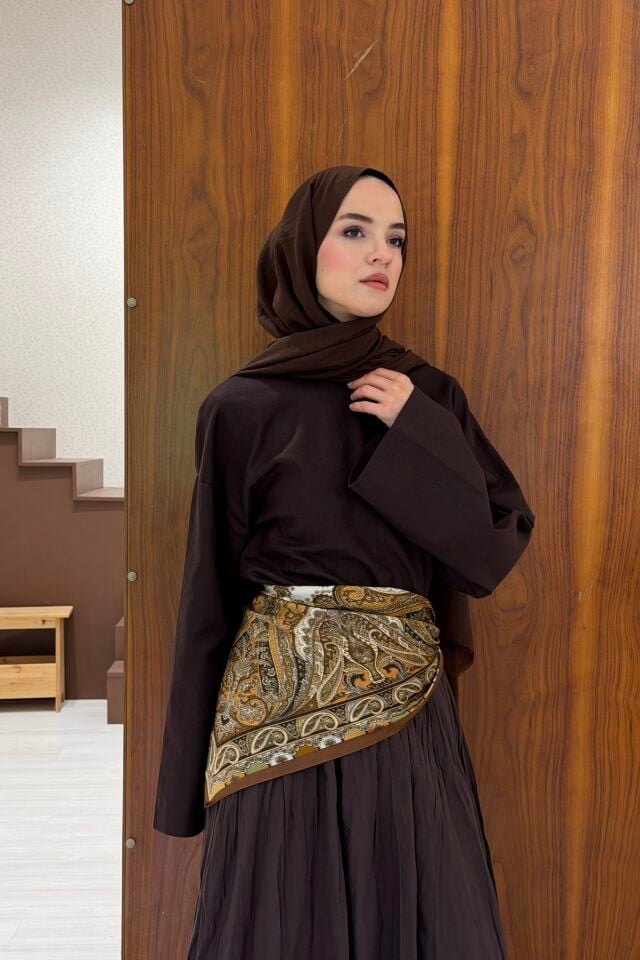 Kahverengi Şal Desenli Roselle Bel Aksesuarı x Omuz Şalı