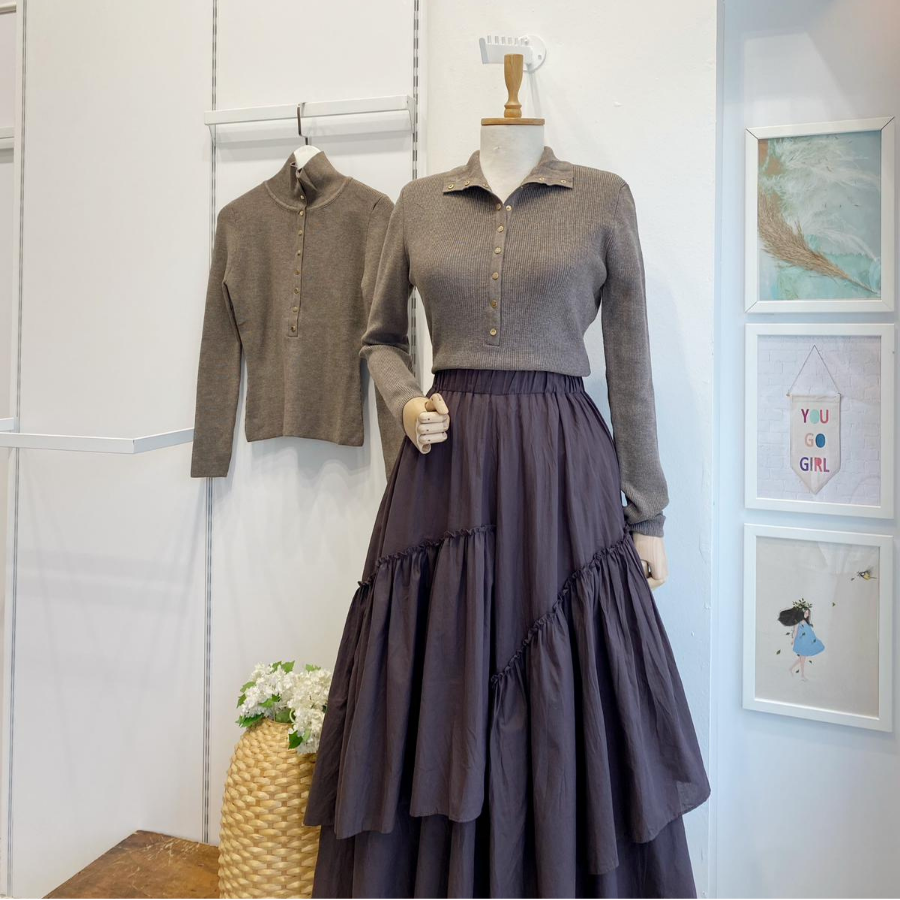 Vizon Dik Yaka Düğmeli Triko Bluz