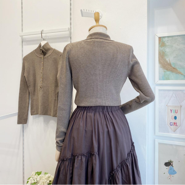 Vizon Dik Yaka Çıtçıtlı Triko Bluz