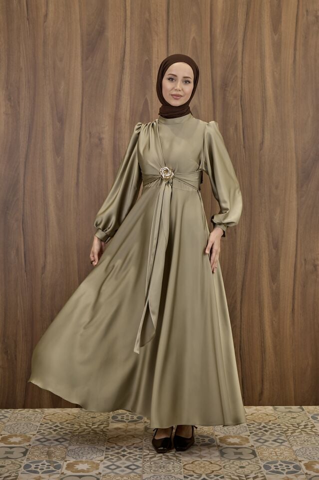 Mint Yeşili  Goldine Saten Abiye