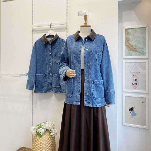 Deri Yakalı Cep Detaylı Kot Ceket