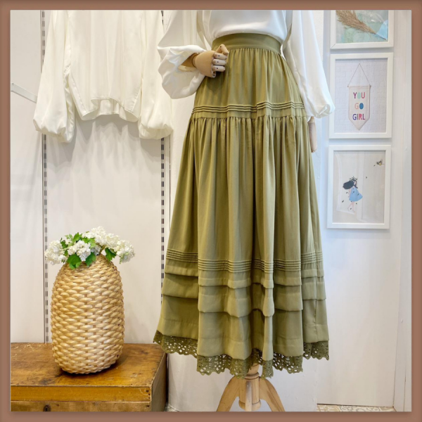 Çağla Yeşili Nervür Dikiş Detaylı Etek