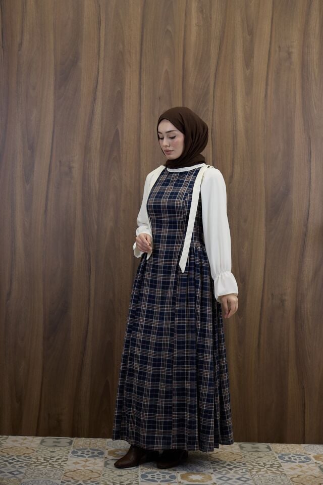 Lacivert Ekose Desenli Vintage Jile