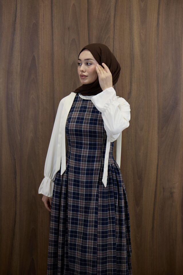 Lacivert Ekose Desenli Vintage Jile