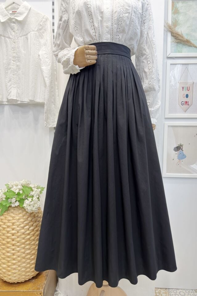 Siyah Minik Pileli Poplin Sofia Etek