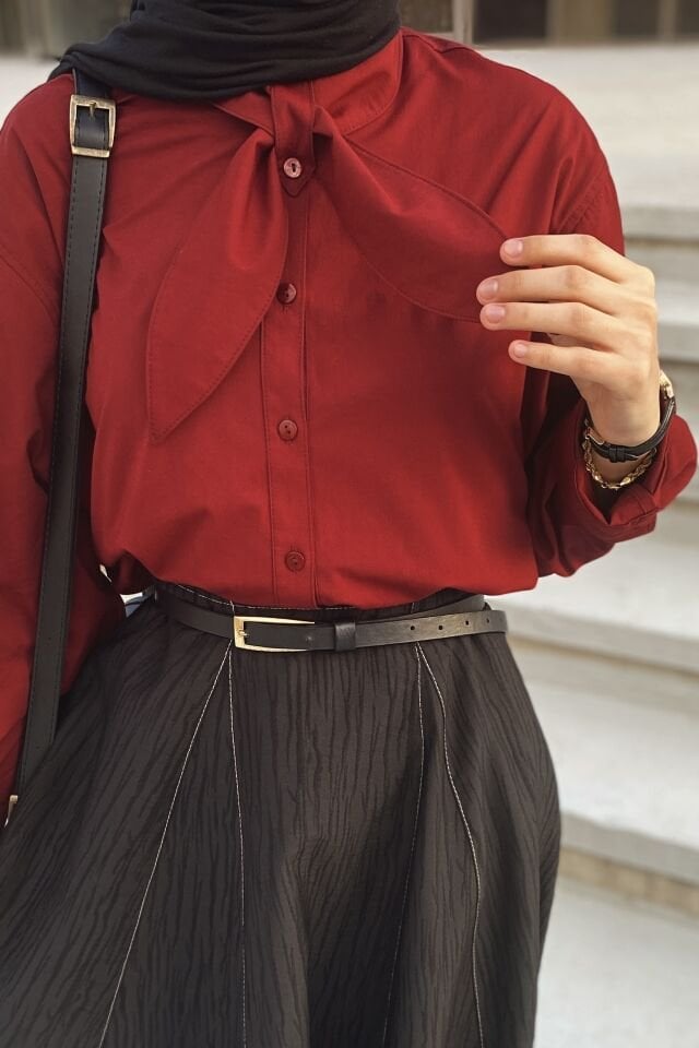 Faya Girls x Bordo Fular Detaylı Poplin Gömlek