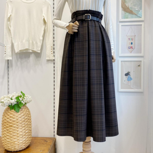 Deri Kemerli Ekoseli Acı Kahve Etek