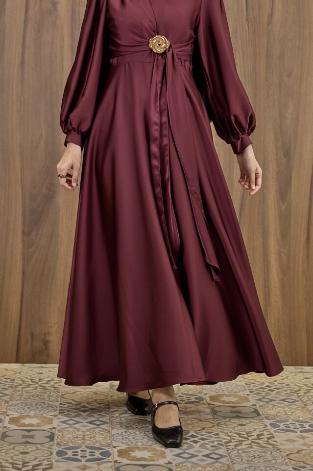 Bordo Goldine Saten Abiye