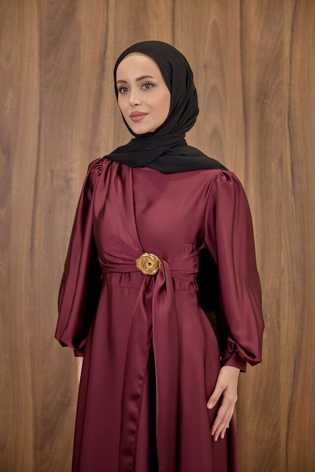Bordo Goldine Saten Abiye
