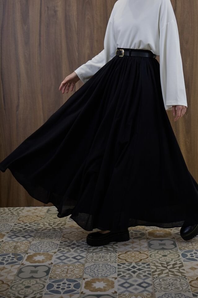 Siyah Ceinture Kemerli Keten Etek