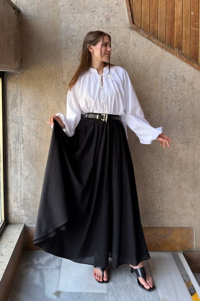 Siyah Ceinture Kemerli Keten Etek